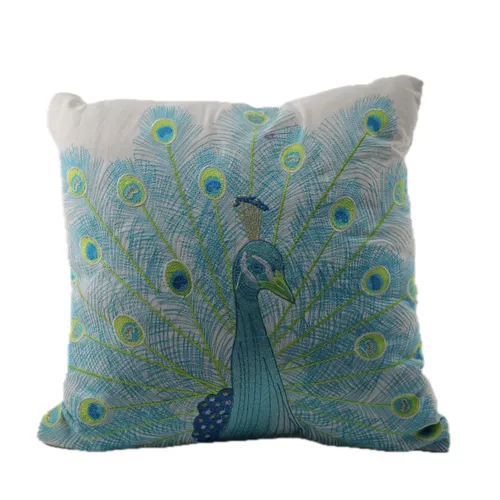 Blue Embroidered Peacock Throw Pillow