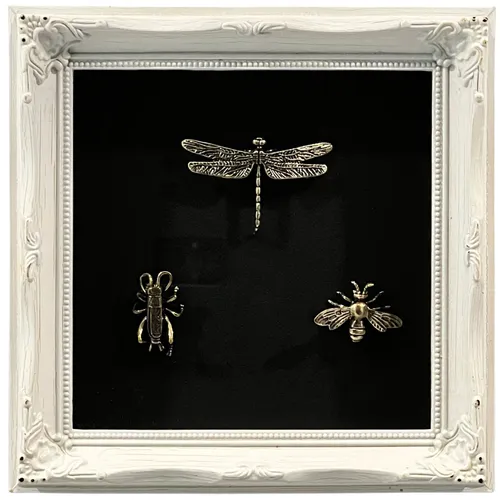 Brass Insects In White Ornate Shadowbox Frame
