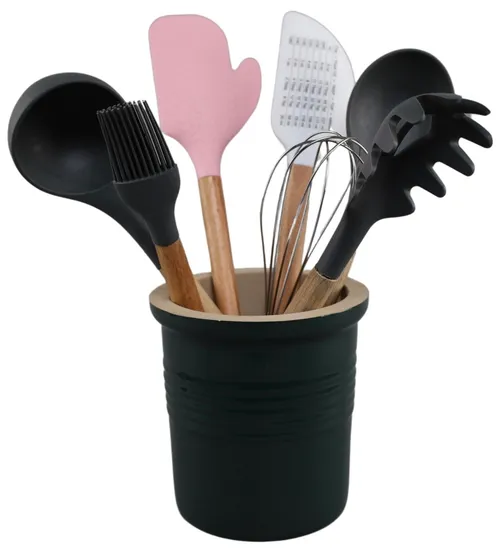 Deep Green Stoneware Utensil Holder With 7 Utensils