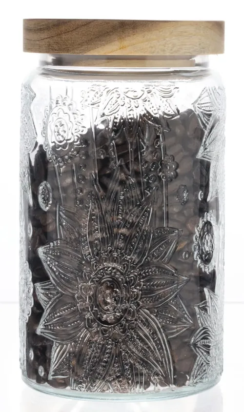 Clear Patterned Glass Canister With Wood Lid Containing Dark Coffee Beans
