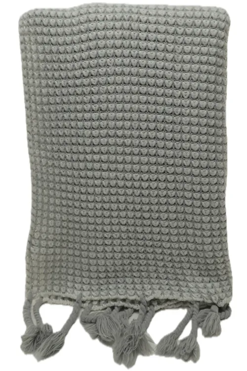 White & Grey Knit Throw Blanket With Twisted Rope Tassel Trim
