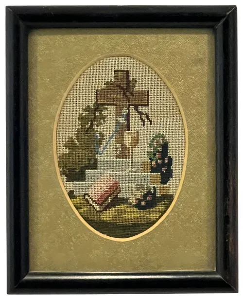 Vintage Cemetery Memento Mori Needlepoint In Black Frame