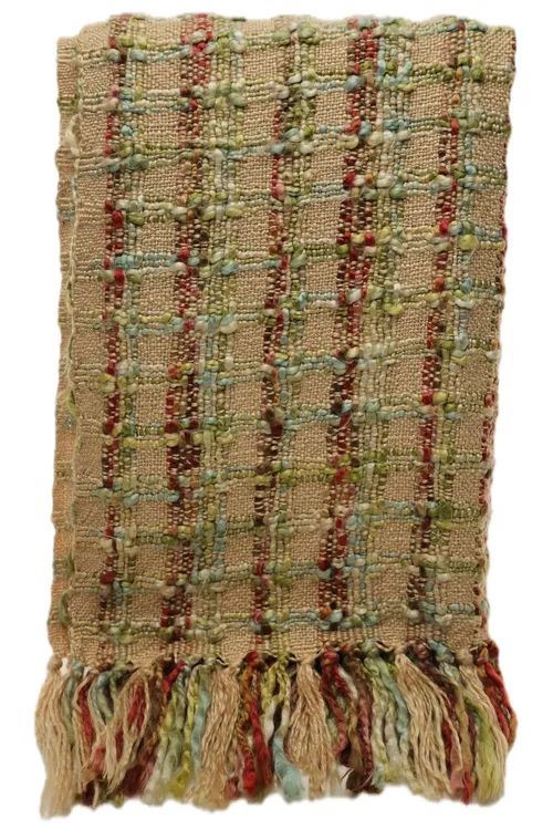 Beige Multicolour Checked Weave Throw Blanket With Tassel Fringe