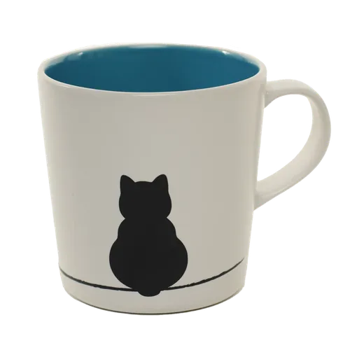 White Ceramic Mug With Black Cat & Blue Interior