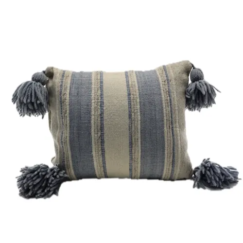 Oatmeal & Steel Blue Wool With Oversized Tassels Throw Pillow