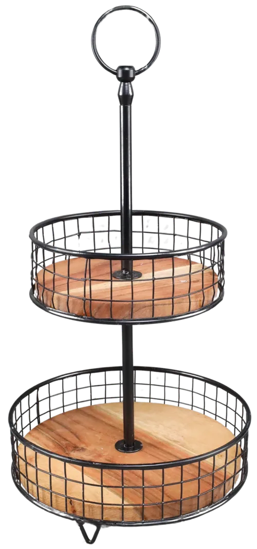Wood & Black Metal Mesh 2 Tier Serving Bowl