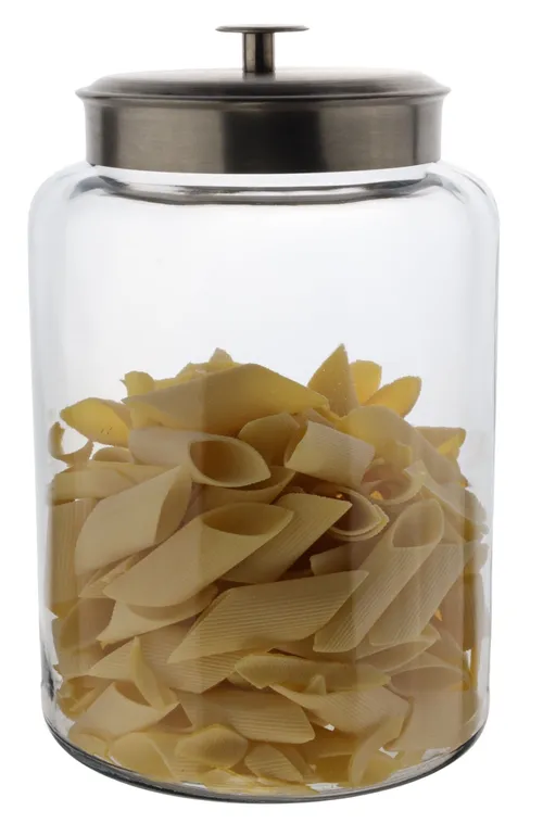 Clear Glass Canister With Silver Lid Containing Penne Noodles