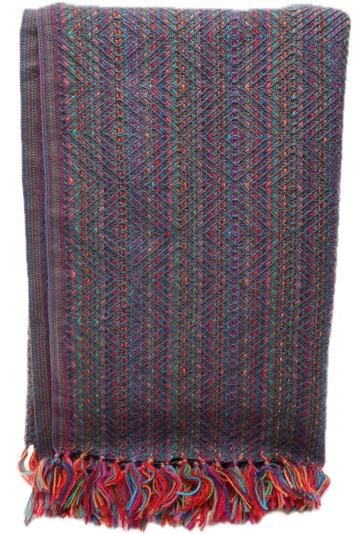 Multicolour Purple Alpaca Jaccard Throw Blanket With Fringe Trim