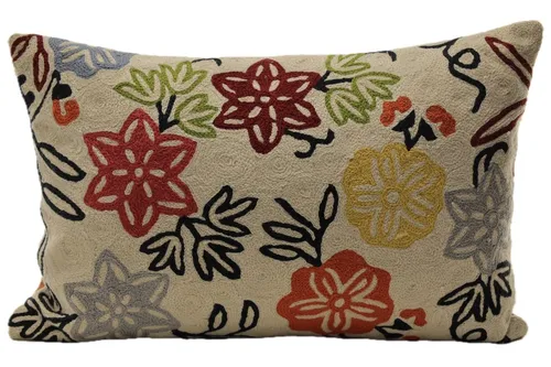 Cream Embroidered Flower Garden With Solid Orange Back Throw Pillow