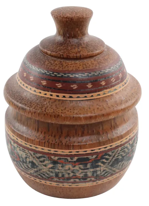 Round Decorative Wood Box With Painted Pattern & Lid