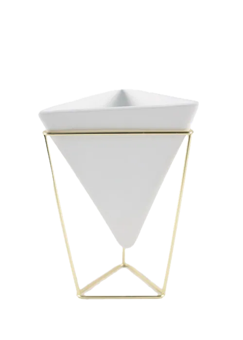 White Ceramic Reverse Pyramid Plant Pot In Gold Wire Holder - Large