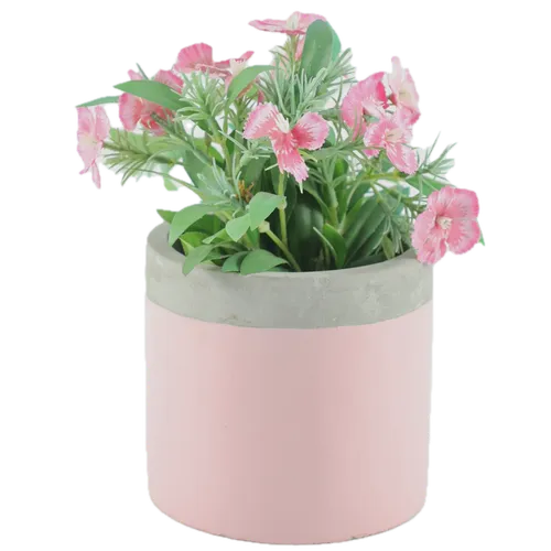 Artificial Rainbow Pink Flowers In Grey Rimmed Pink Pot