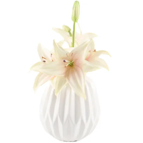 Artificial Pink Lillies In Geometric Groove Ceramic Vase
