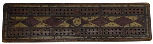 Antique Red & Gold Wood Cribbage Game Board