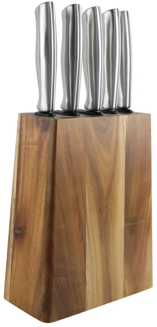 Acacia Wood 5 Piece Brushed Steel Knife Block Set