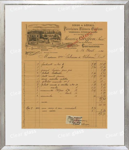 Vintage French Receipt On Golden Paper With Silver Frame