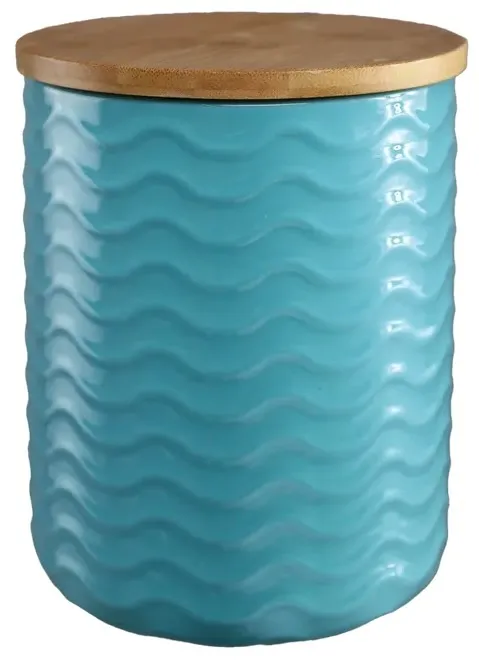 Sky Blue Waves Ceramic Canister With Wood Lid