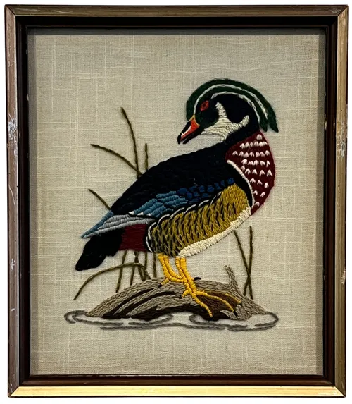 Embroidered Duck In Wood Frame
