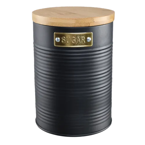 Black Matte Tin Sugar Canister With Wood Lid