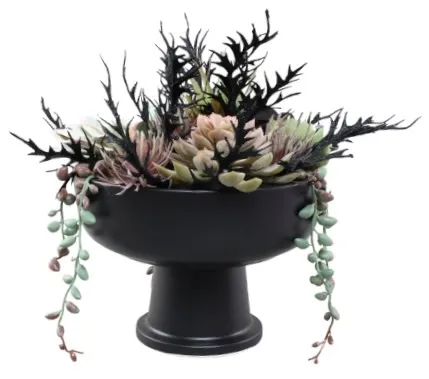 Artificial Succulents in Black Ceramic Pedestal Vase