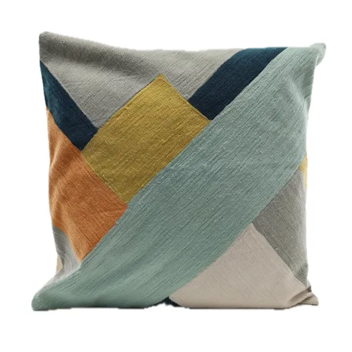 Turquoise Peru Slanted Bands With Solid Cream Three Button Back Throw Pillow
