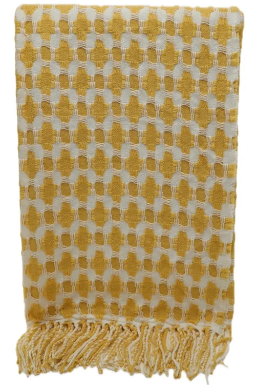 Harvest Gold & White Cross Throw Blanket With Fringe Trim