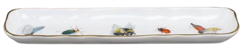 White Fine Porcelain Insect Rectangular Serving Dish With Gold Trim
