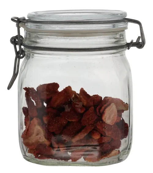 Clear Glass Canister With Hinged Lid With Dehydrated Strawberries