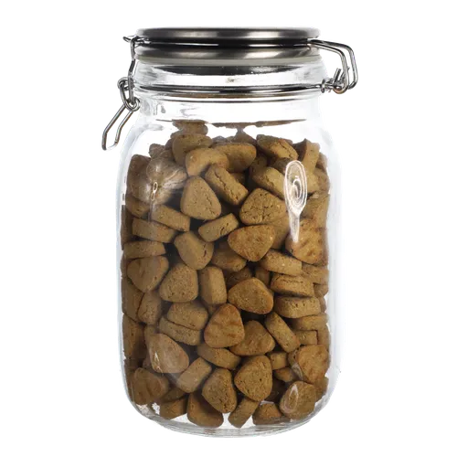 Clear Glass Canister With Brushed Stainless Lid Containing Dog Treats