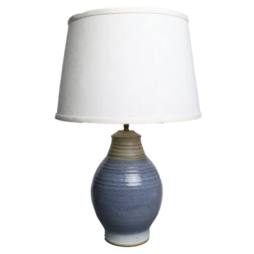 Slate Blue Stoneware Pottery Table Lamp With White Linen Shade