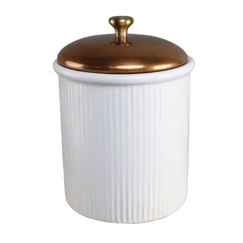 White Vertical Line Ceramic Canister With Copper Lid - XL