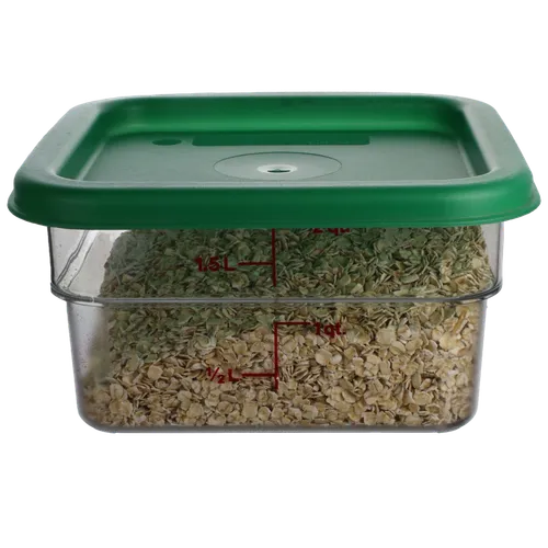 2 Quart Plastic Storage Container With Green Lid Containing Oats