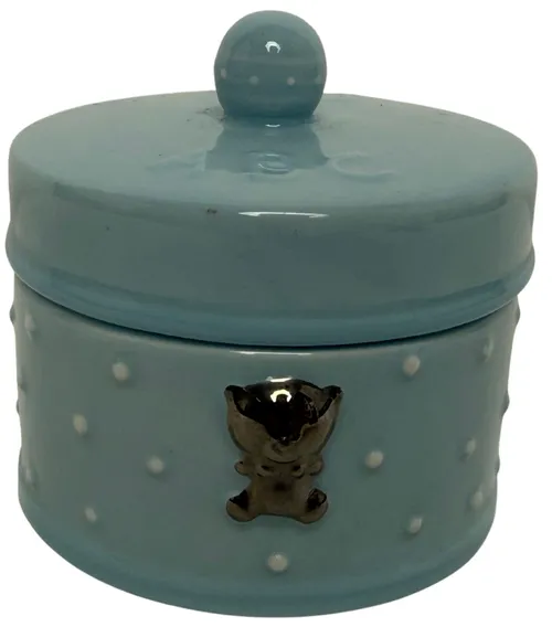 Blue & White Polka Dot Ceramic Trinket Box With Teddy Bear Emblem