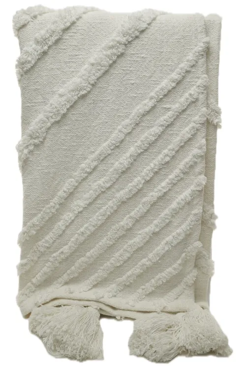 White On White Raised Diamond Pattern Throw Blanket With Large Tassel Trim