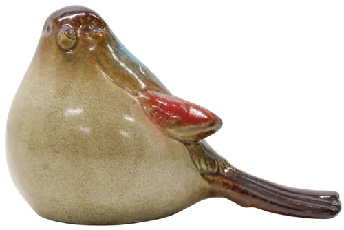 Pottery Bird Figurine With Beige & Brown & Red Glaze - B