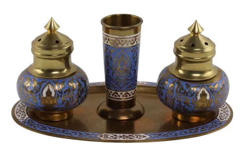 Enamelled Brass Patterned Salt & Pepper & Toothpick Holder With Tray