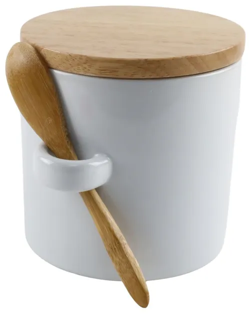White Ceramic Storage Canister With Wood Lid & Spoon 