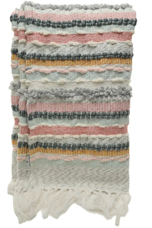 White & Pink Multicolour Striped Woven Throw Blanket With Tassel Trim