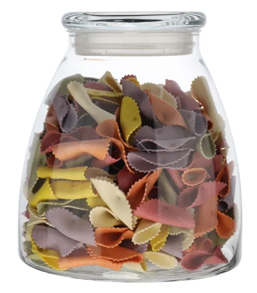 Clear Glass Tapered Canister With Lid Containing Pasta