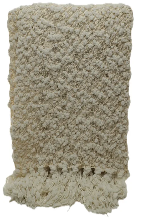 Beige & Cream Pom Pom Throw Blanket With Pom Tassel Trim