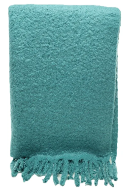 Brushed Wool Teal Blue Brushed Wool Throw Blanket With Fringe Trim