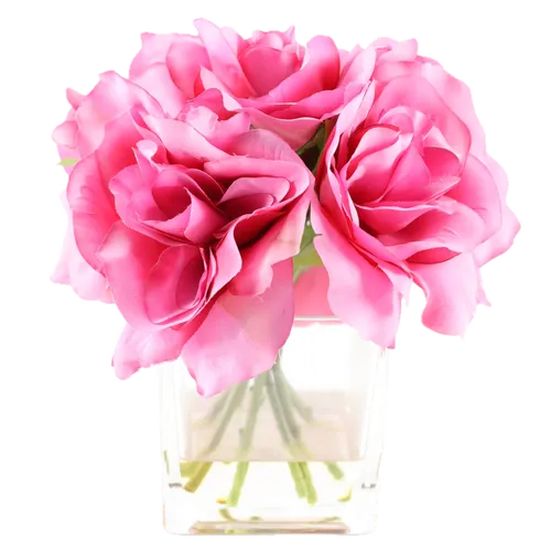Artificial Bright Pink Wild Roses In Square Clear Glass Vase