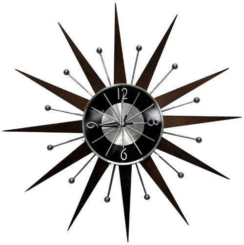 Walnut Wood & Black & Silver Sunburst Clock