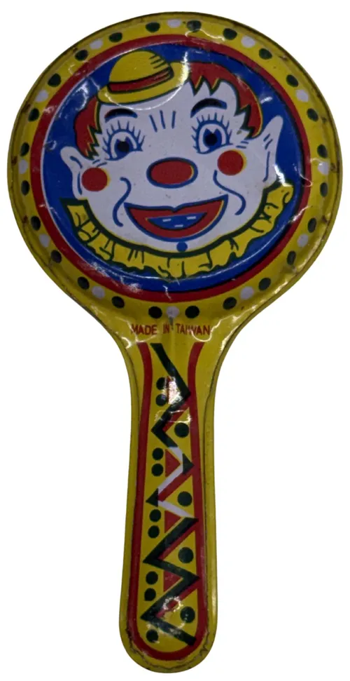 Vintage Tin Noisemaker Clown Rattle