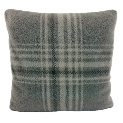 Grey & Green Tartan Faux Fur Low Pile Throw Pillow