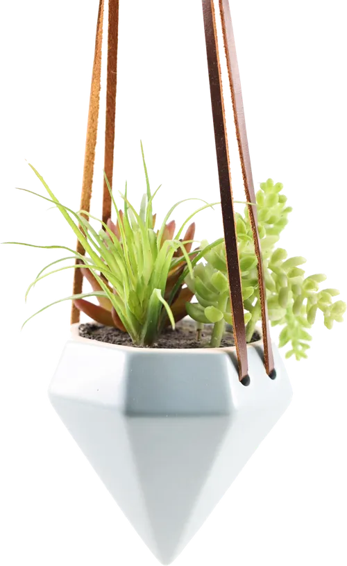 Artificial Succulent Plants In Hanging 3D Pale Blue Diamond Planter