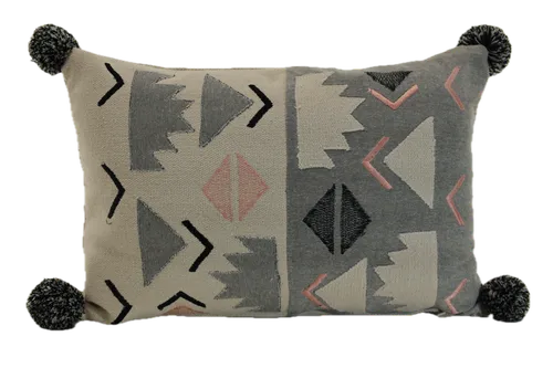 Grey & Pink Abstract Throw Pillow With Pom Pom Tassels