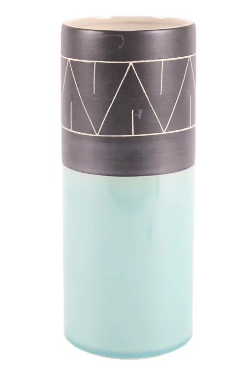 Cadet Teal Ceramic Vase With Black Triangle Band
