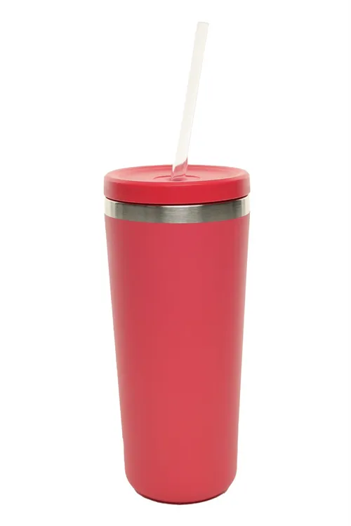 Cerise Pink Metal Water Bottle With Straw