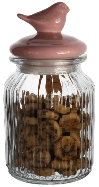 Clear Glass Ribbed Canister With Pink Ceramic Bird Lid Containing Cookies